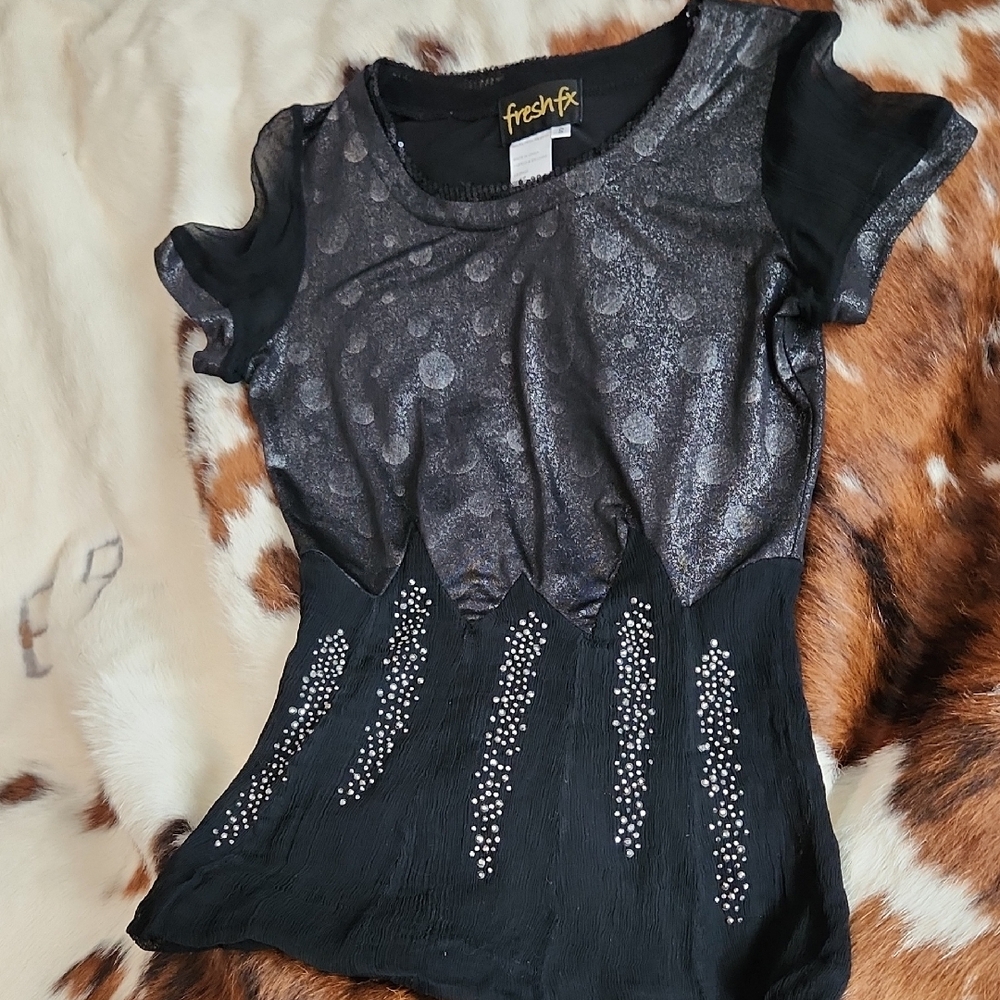 Fresh FX Black Metallic Dot Short Sleeve Blouse Sz SM